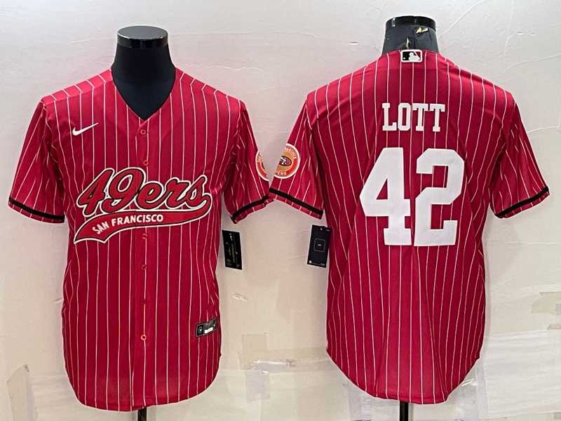 Men%27s San Francisco 49ers #42 Ronnie Lott Red Pinstripe With Patch Cool Base Stitched Baseball Jersey